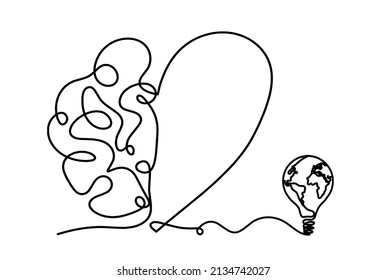 Man silhouette brain with globe light bulb as line drawing on white background. Vector