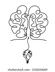 Man silhouette brain with globe light bulb as line drawing on white background. Vector
