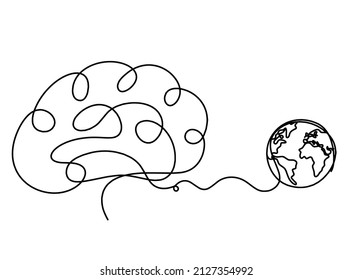 Man silhouette brain with globe as line drawing on white background. Vector