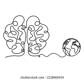 Man silhouette brain with globe as line drawing on white background. Vector