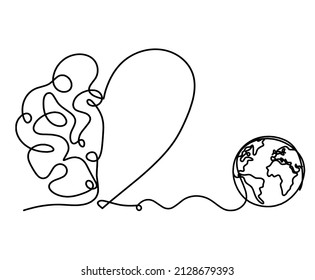 Man silhouette brain with globe as line drawing on white background. Vector