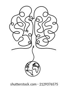 Man silhouette brain with globe as line drawing on white background. Vector