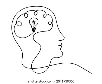 Man silhouette brain and light bulb as line drawing on white background. Vector
