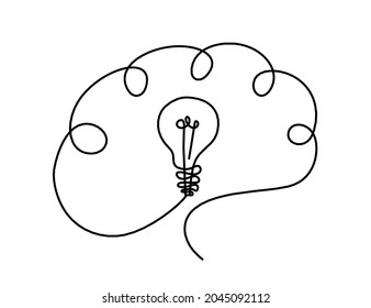 Man silhouette brain and light bulb as line drawing on white background. Vector