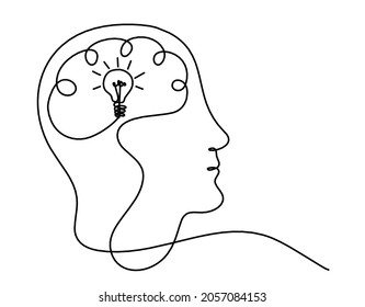 Man silhouette brain and light bulb as line drawing on white background. Vector