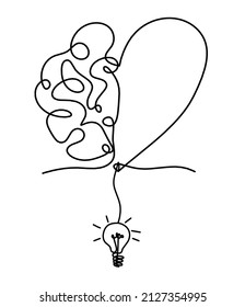 Man silhouette brain with light bulb as line drawing on white background. Vector