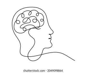 Man silhouette brain as line drawing on white background. Vector