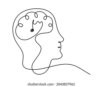 Man silhouette brain and note as line drawing on white background. Vector