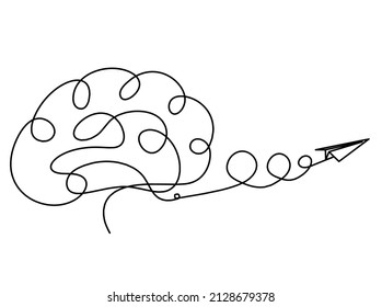 Man silhouette brain with paper plane as line drawing on white background. Vector