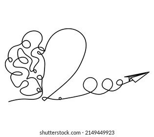 Man silhouette brain with paper plane as line drawing on white background. Vector