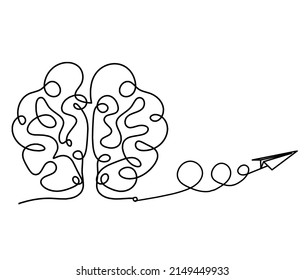 Man silhouette brain with paper plane as line drawing on white background. Vector