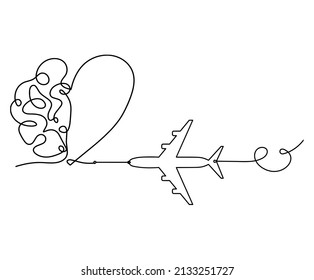 Man silhouette brain with plane as line drawing on white background. Vector