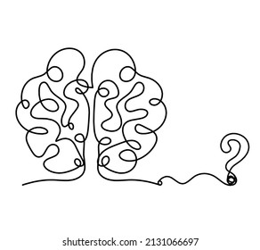 Man silhouette brain with question mark as line drawing on white background. Vector
