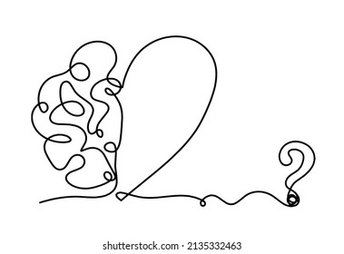 Man silhouette brain with question mark as line drawing on white background. Vector