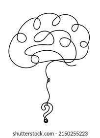 Man silhouette brain with question mark as line drawing on white background. Vector