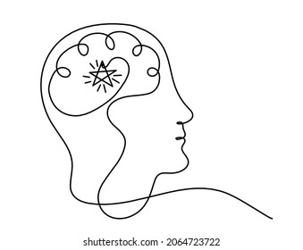 Man silhouette brain and star as line drawing on white background. Vector