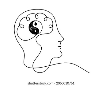 Man silhouette brain and in yang as line drawing on white background. Vector