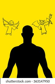 Man silhouette with cartoon doodle of angel and devil
