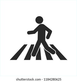 Man silhouette crossing crosswalk. Simple flat icon, black on white background. 