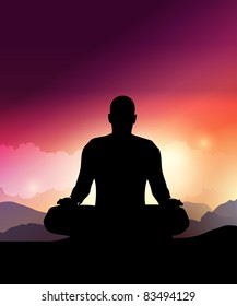 Man Silhouette Doing Yoga Meditation.Vector Illustration