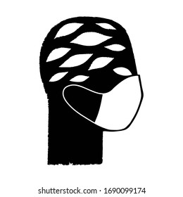 Man silhouette face with many eye in white medical face mask. Fear of getting a coronavirus. Black and white vector illustration, schematic image.
