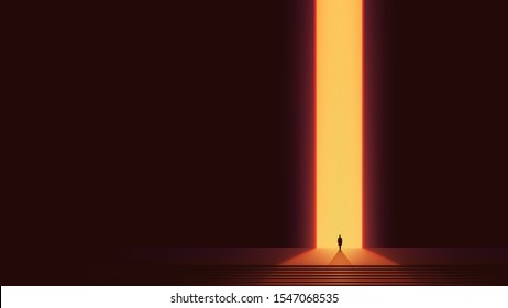 Man silhouette in front of glowing portal, futuristic vector background, Abstract cyberpunk architecture with gradient lighting