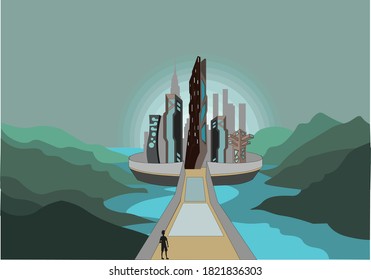 man silhouette and futuristic cityscape on the nature background with rising sun green mountains and river 