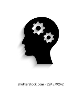 Man silhouette with gear - black vector icon with shadow