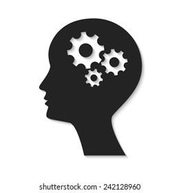 Man silhouette with gear - black vector icon.