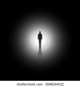 Man silhouette going on light in tunnel. Exit. Illustration of a man in depression. Psychology illustration.
