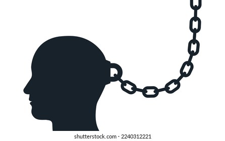 Man silhouette head trapped with chain. Depicting closed mind, depression or slavery. Vector illustration.