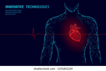 Man silhouette healthy heart beats 3d medicine model low poly. Triangle connected dots glow point red background. Pulse internal body modern innovative technology render vector illustration