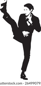 Man Silhouette High Kick Dynamic Action Pose White Background.
