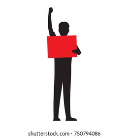 Man silhouette holding paper red board vector illustration isolated on white background. Human showing placard illustration for public protests concepts