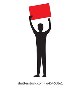Man silhouette holding red template for text, vector illustration isolated on white background. Human showing red placard illustration for public protests concepts