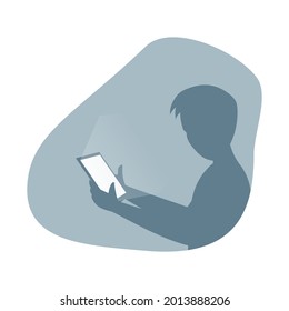 Man silhouette holding tablet pc in hand vector flat illustration. Male character using personal laptop. Manager or businessman with modern digital computer in arms. Recent technologies concept.