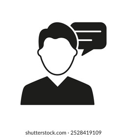Man Silhouette Icon with Speech Bubble, Communication or Consultation Symbol. Customer Support and Conversation. Isolated Vector Illustration.