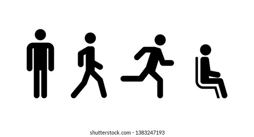 Man silhouette icons set simple flat illustration. Moving people icon set. Staying walking running seating man.