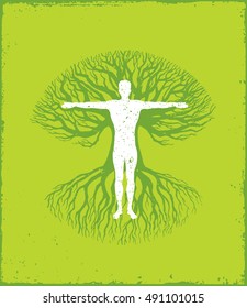 Silueta De Hombre Dentro Del Árbol Viejo Con Concepto De Vector De Raíces. Icono De Ilustración De La Armonía De La Salud En Un Fondo Ruso.