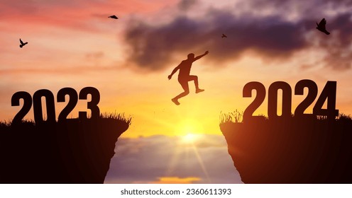 Man silhouette jumping on cliff 2023 over the precipice at amazing sunset. New Year's concept. Vector of starting and welcome happy new year 2024. People enters the year symbol 2024, creative idea.