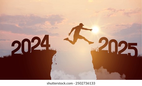 Man silhouette jumping on cliff 2025 over the precipice with stones at amazing sunset. New Year vector. Welcome 2025. 2025 falls into the abyss. Vector people entered the year 2025, creative idea.