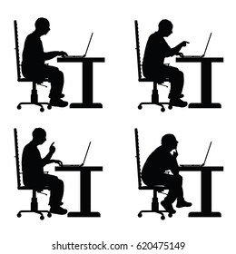 man silhouette with laptop in office set art illustration