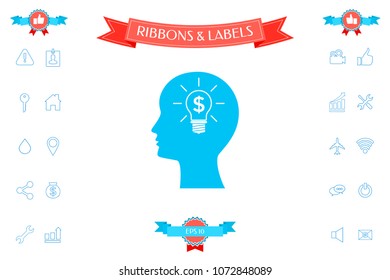Man silhouette - Light bulb with dollar symbol business concept. Icon.