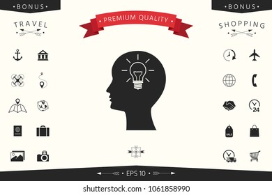 Man silhouette with Light bulb - new ideas. Icon