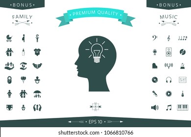 Man silhouette with Light bulb - new ideas. Icon