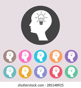 Man silhouette with Light bulb -new ideas. Icon. Set of colored icons.