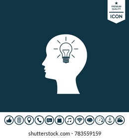 Man silhouette with Light bulb - new ideas. Icon