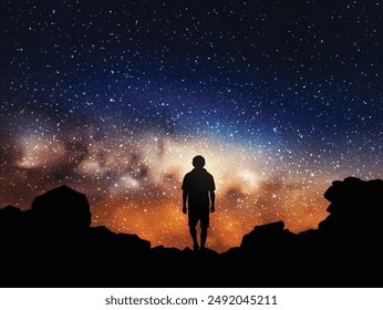 Man silhouette at mountains. Travel at canyon. Milky Way in starry sky