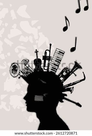 Man silhouette with music instruments. Music instruments with human head poster. Music background design vector illustration