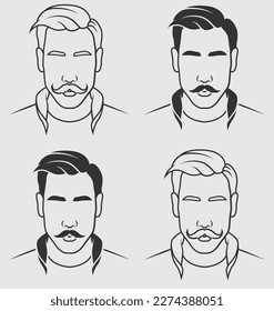 Man Silhouette on grey Background. Line art hair illustration. Minimal style barbershop vintage design. Isolated Vector barber Template for Icon, Logo Company, Symbol etc